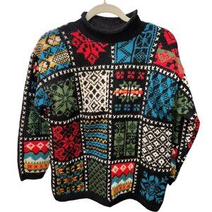 GAP Vintage Spectacular wool patchwork snowflakes roll neck sweater 90s S HAND